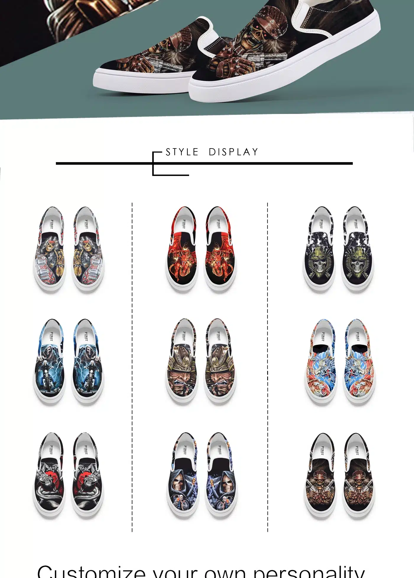 FIRST DANCE Fashion Casual Black Slip On Shoes For Men Nice Skull Printed Loafers Shoes Nice Flat-Bottomed Skull Shoes Spring 30