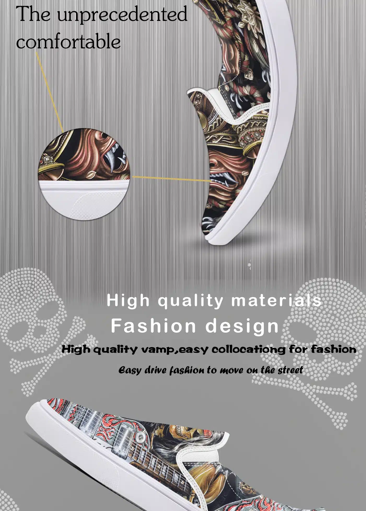 FIRST DANCE Fashion Casual Black Slip On Shoes For Men Nice Skull Printed Loafers Shoes Nice Flat-Bottomed Skull Shoes Spring 35