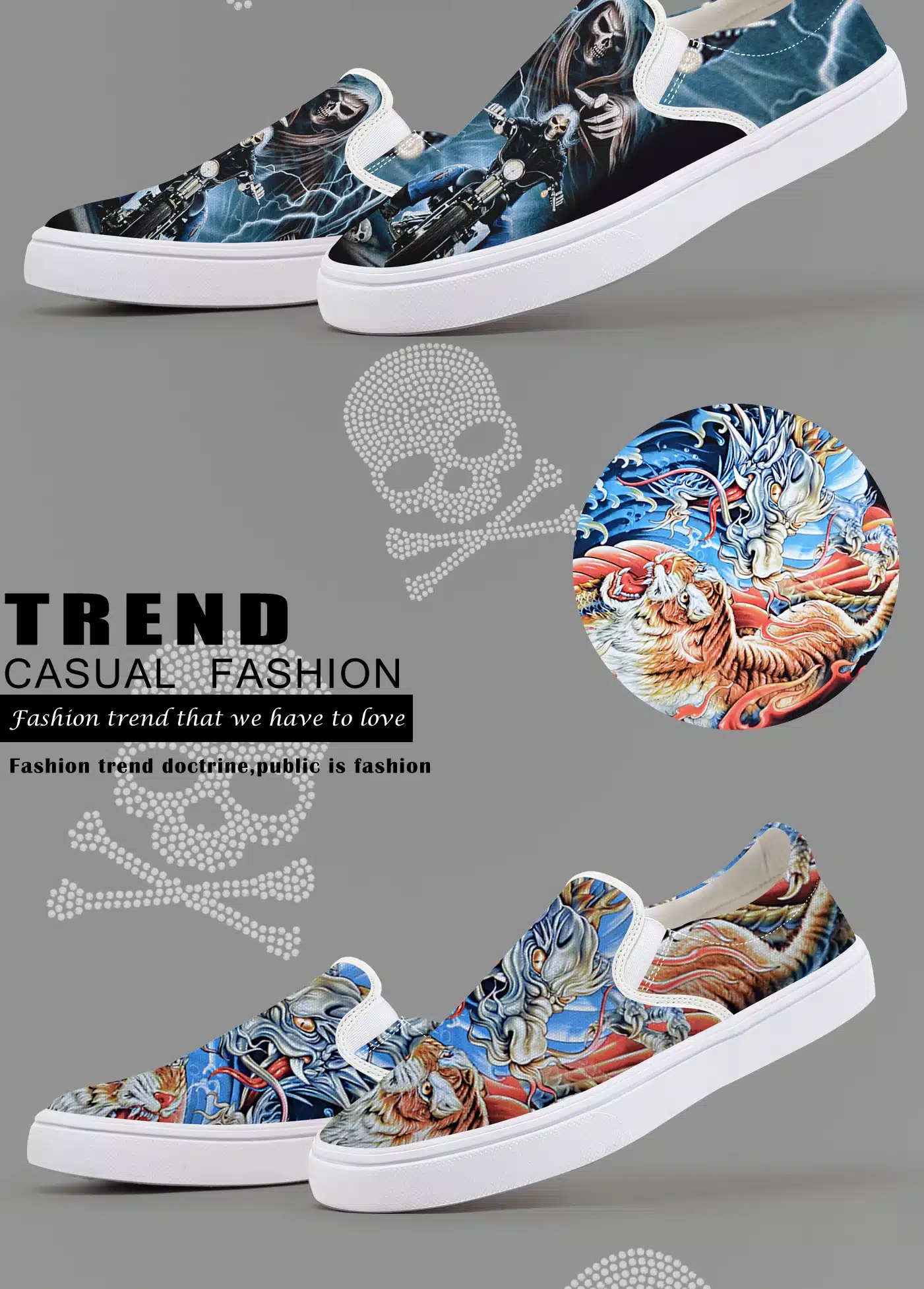 FIRST DANCE Fashion Casual Black Slip On Shoes For Men Nice Skull Printed Loafers Shoes Nice Flat-Bottomed Skull Shoes Spring 37