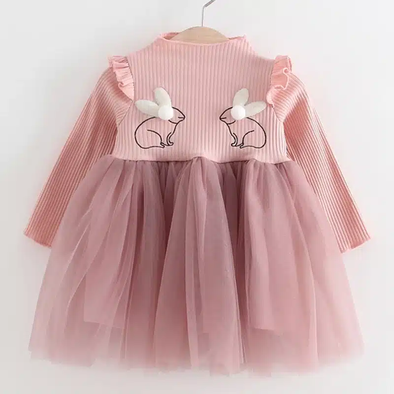 2018 New Brand Baby Dresses Long Sleeve Rabbit embroidery Party Prom Lace Bebes Girls Clothes Fashion Toddler Clothing 1