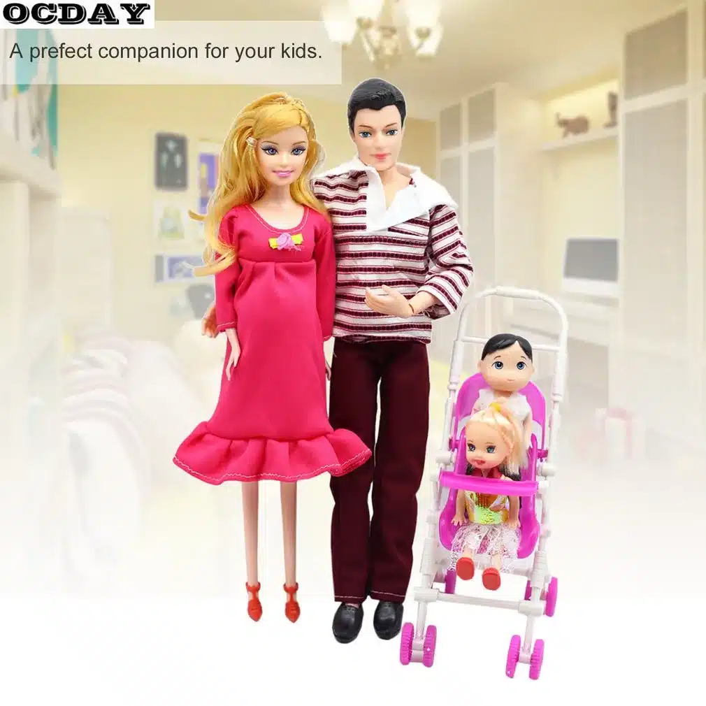 OCDAY Toys Family 5 People Dolls Suits Mom Dad 1 Little Kelly Girl And Baby Son Baby Carriage Real Pregnant Doll Gifts New Hot 12