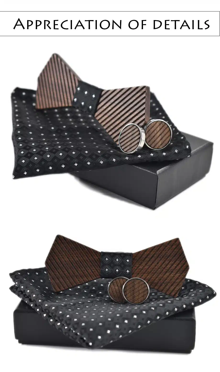 New arrival Fashion Handmade Wood Bow ties Bowtie Butterfly Gravata Strip Ties For Men Cufflinks Handkerchief Set 12