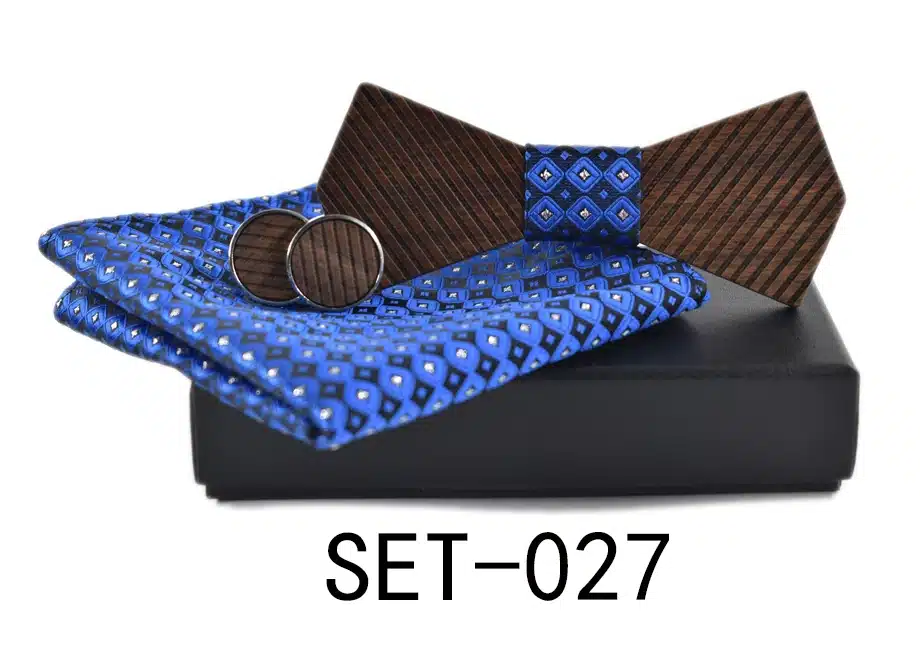 New arrival Fashion Handmade Wood Bow ties Bowtie Butterfly Gravata Strip Ties For Men Cufflinks Handkerchief Set 14
