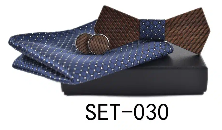 New arrival Fashion Handmade Wood Bow ties Bowtie Butterfly Gravata Strip Ties For Men Cufflinks Handkerchief Set 17