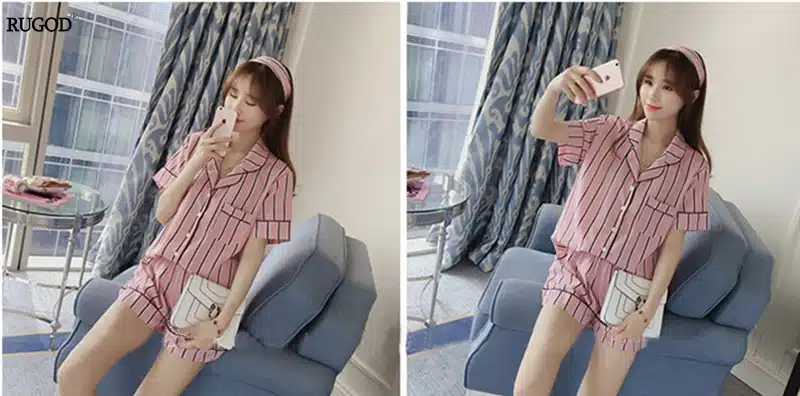 RUGOD Summer 2018 New Fashion Women Pajamas Turn-down Collar Sleepwear 2 Two Piece Set Shirt+Shorts Striped Casual Pajama Set 17