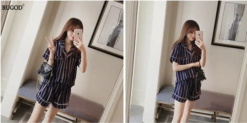 RUGOD Summer 2018 New Fashion Women Pajamas Turn-down Collar Sleepwear 2 Two Piece Set Shirt+Shorts Striped Casual Pajama Set 25