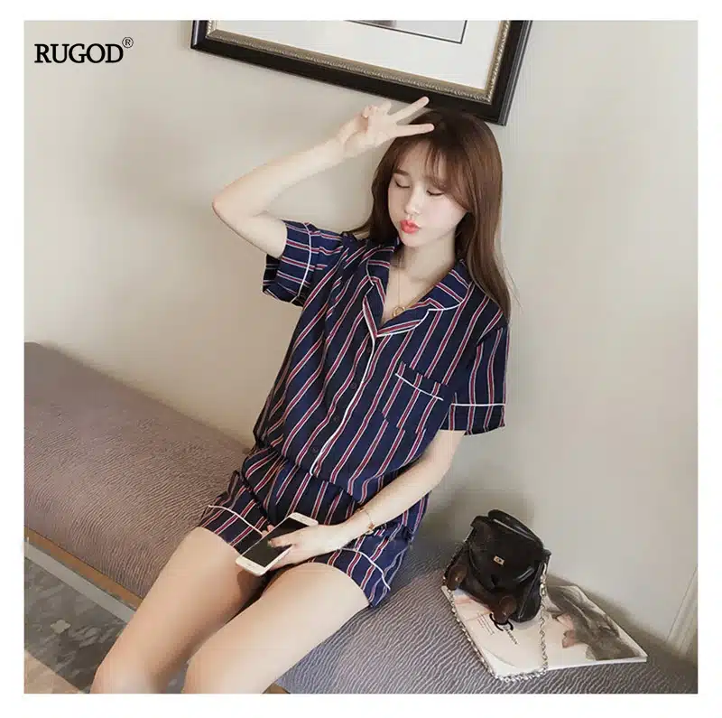 RUGOD Summer 2018 New Fashion Women Pajamas Turn-down Collar Sleepwear 2 Two Piece Set Shirt+Shorts Striped Casual Pajama Set 27