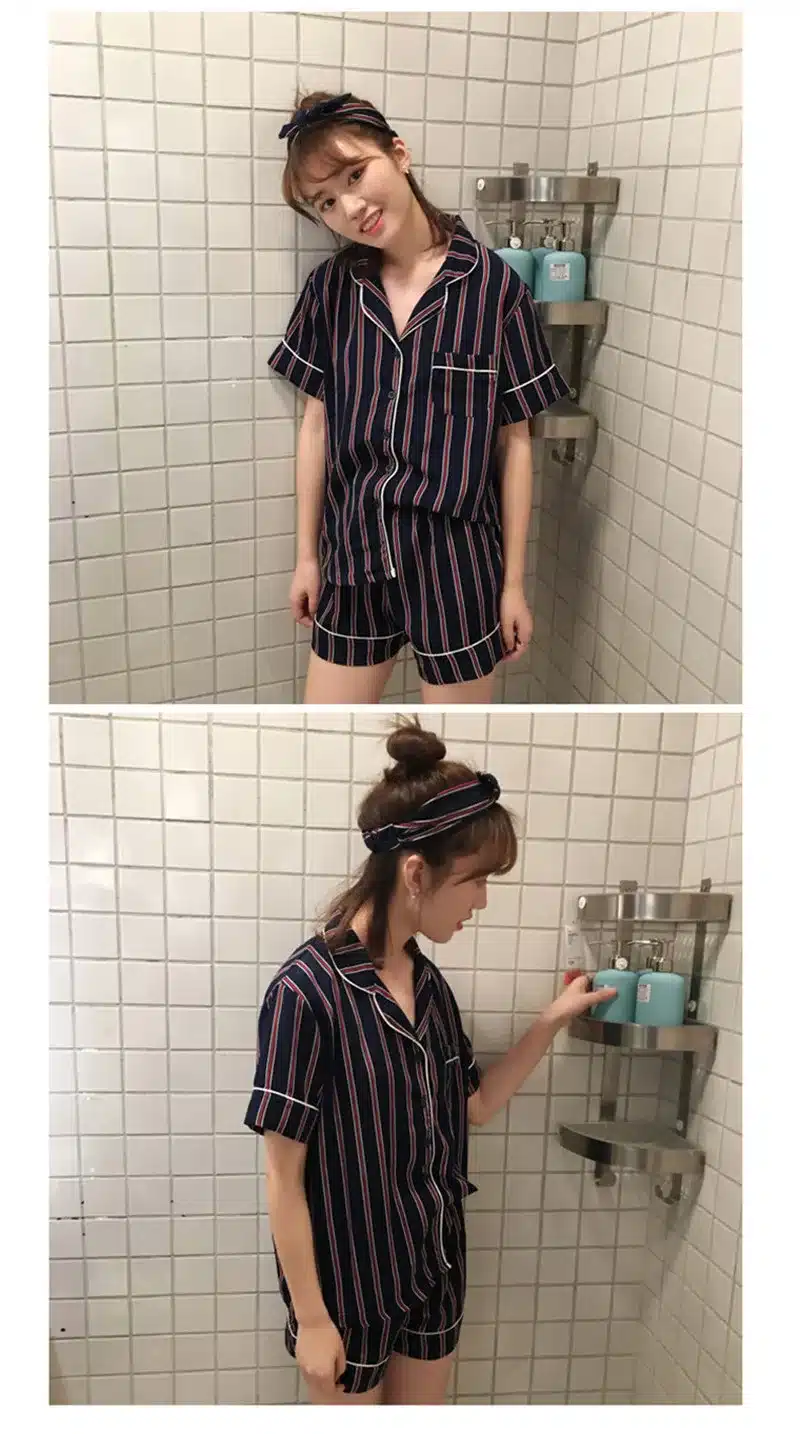 RUGOD Summer 2018 New Fashion Women Pajamas Turn-down Collar Sleepwear 2 Two Piece Set Shirt+Shorts Striped Casual Pajama Set 31