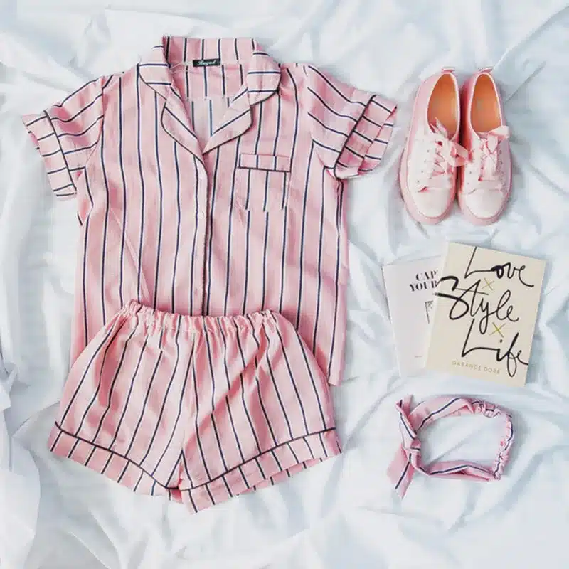 RUGOD Summer 2018 New Fashion Women Pajamas Turn-down Collar Sleepwear 2 Two Piece Set Shirt+Shorts Striped Casual Pajama Set 33