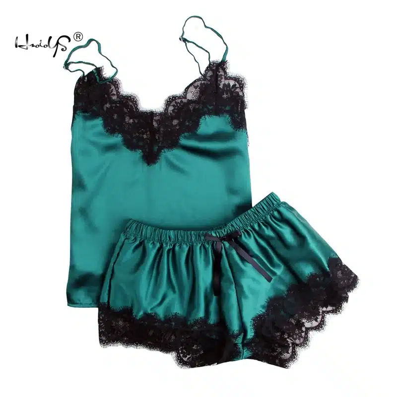 2018 Women Clothes For Summer Shorts Sets Sleepwear Satin Pajama Cami Top + Shorts Pajamas Spaghetti Strap Lace Sexy Pajama Set 25