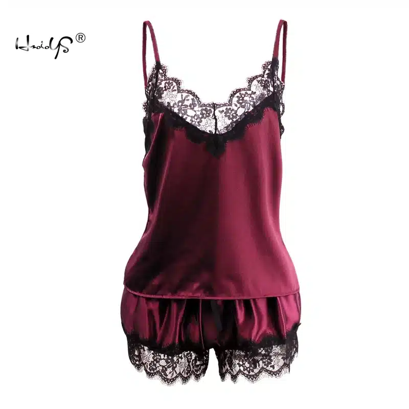 2018 Women Clothes For Summer Shorts Sets Sleepwear Satin Pajama Cami Top + Shorts Pajamas Spaghetti Strap Lace Sexy Pajama Set 32