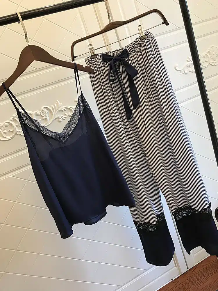 Sleepwear Female Sexy Lace Elegant Satin Pajamas 2018 Spring Autumn Women Silk Pijama Sets High Quality Vest+Long Pants 2Pieces 8