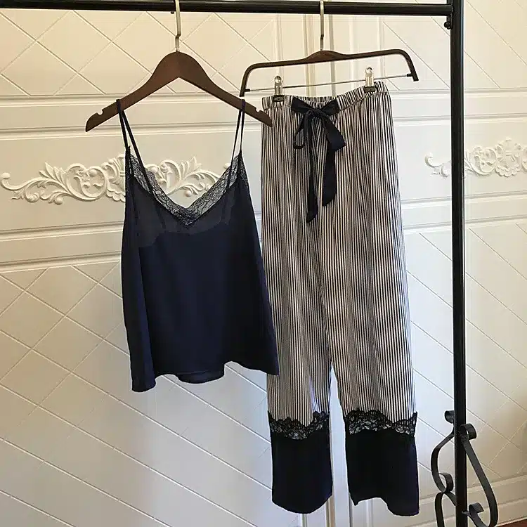 Sleepwear Female Sexy Lace Elegant Satin Pajamas 2018 Spring Autumn Women Silk Pijama Sets High Quality Vest+Long Pants 2Pieces 9