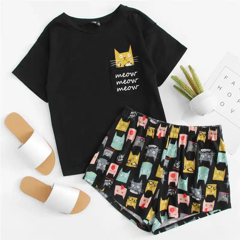 Dotfashion Cat Print Tee & Shorts PJ Set 2018 Summer New Woman Short Sleeve Preppy Nightwear Letter Print Pajama Set With Pocket 13