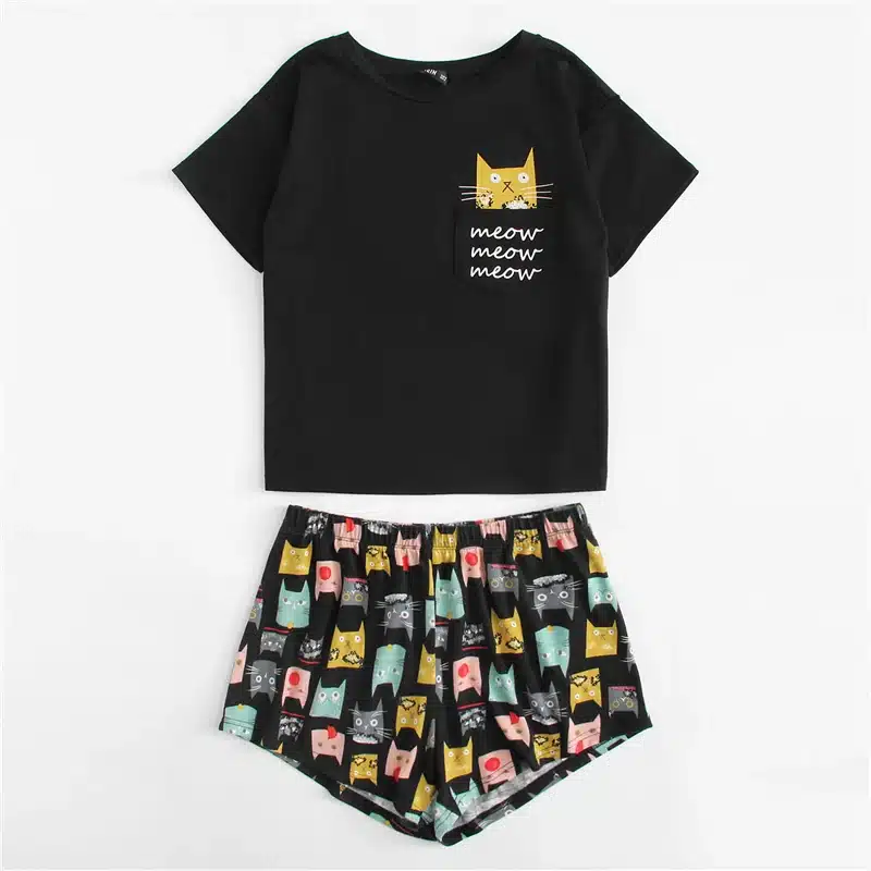 Dotfashion Cat Print Tee & Shorts PJ Set 2018 Summer New Woman Short Sleeve Preppy Nightwear Letter Print Pajama Set With Pocket 14