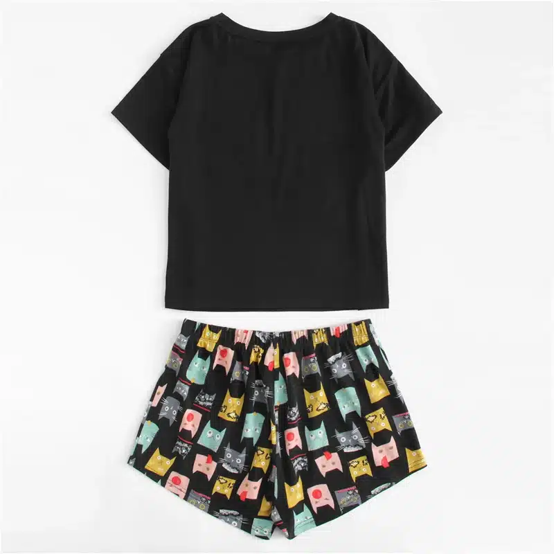 Dotfashion Cat Print Tee & Shorts PJ Set 2018 Summer New Woman Short Sleeve Preppy Nightwear Letter Print Pajama Set With Pocket 15