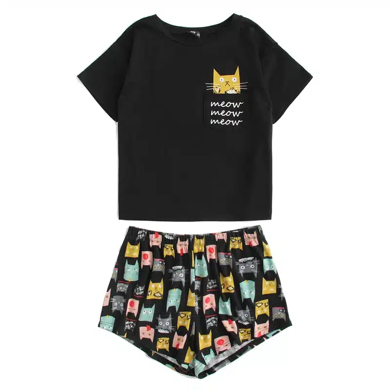 Dotfashion Cat Print Tee & Shorts PJ Set 2018 Summer New Woman Short Sleeve Preppy Nightwear Letter Print Pajama Set With Pocket 18