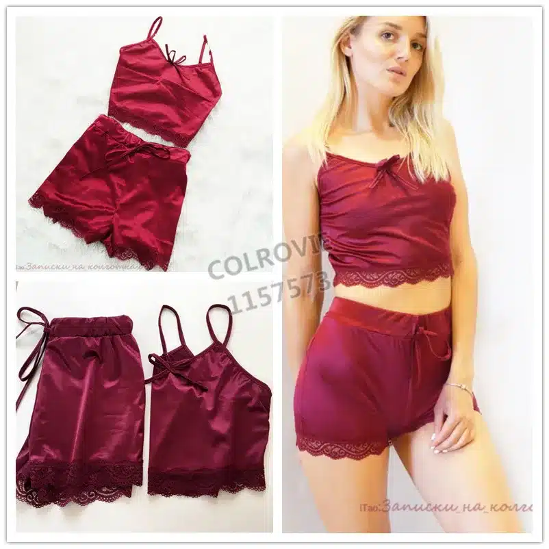 COLROVIE 2018 Lace Trim Satin Night Cami & Shorts PJ Set Burgundy Sexy Plain Pajama Sets New Arrival Women Sleepwear Sets 14