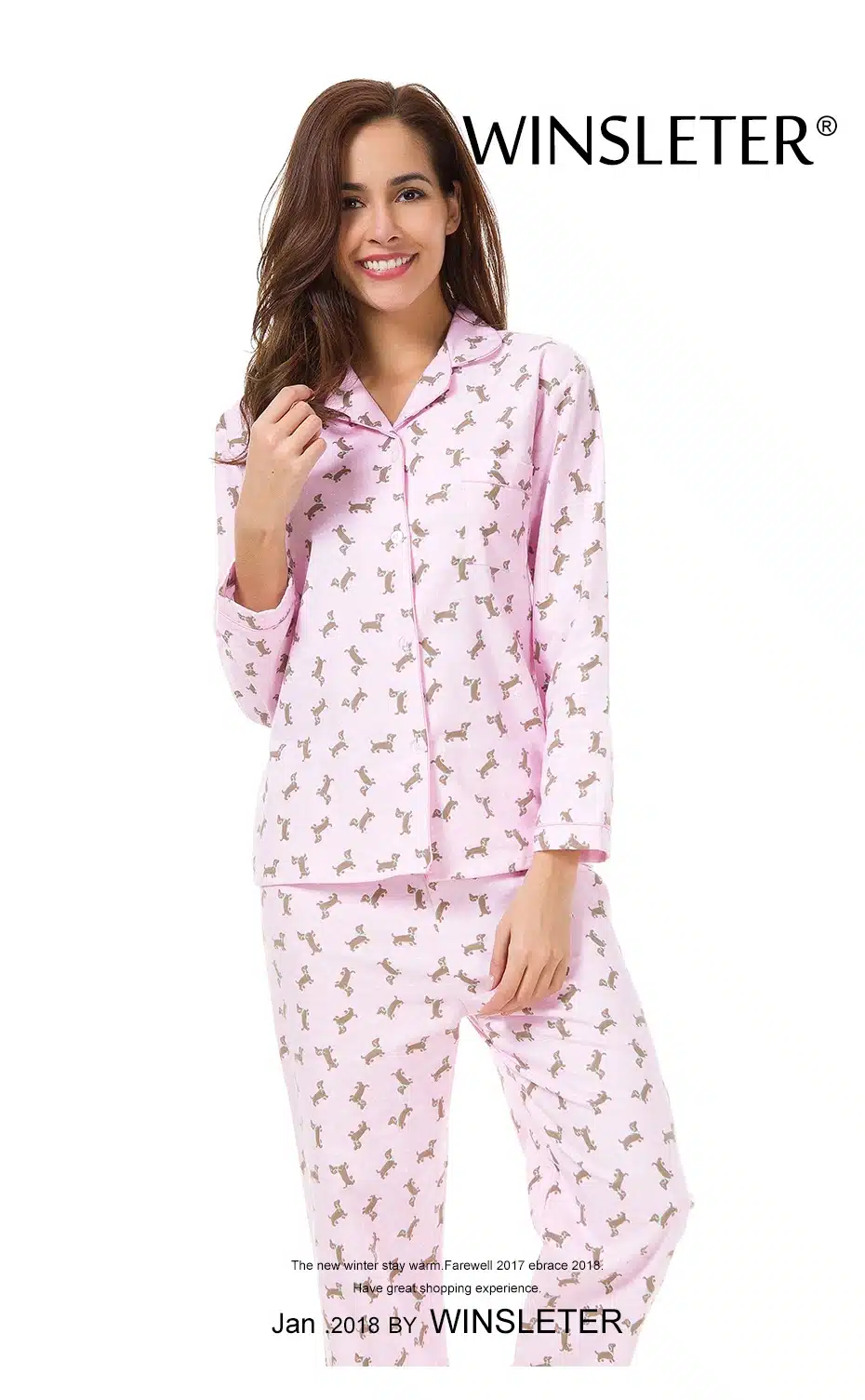 2018 Pink Pajama Sets Women Cute Dachshund Print 2 Pieces Set Long Sleeve Top Elastic Waist Pants Brushed Cotton pyjamas S7N002 10