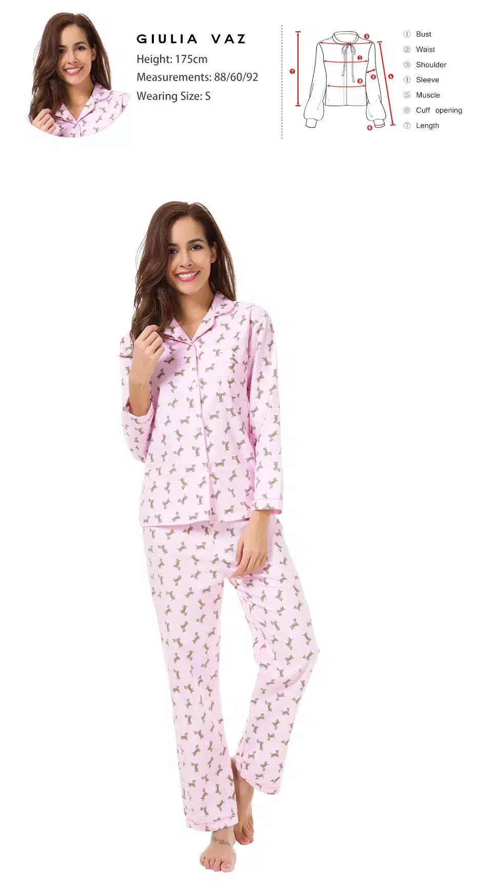 2018 Pink Pajama Sets Women Cute Dachshund Print 2 Pieces Set Long Sleeve Top Elastic Waist Pants Brushed Cotton pyjamas S7N002 16