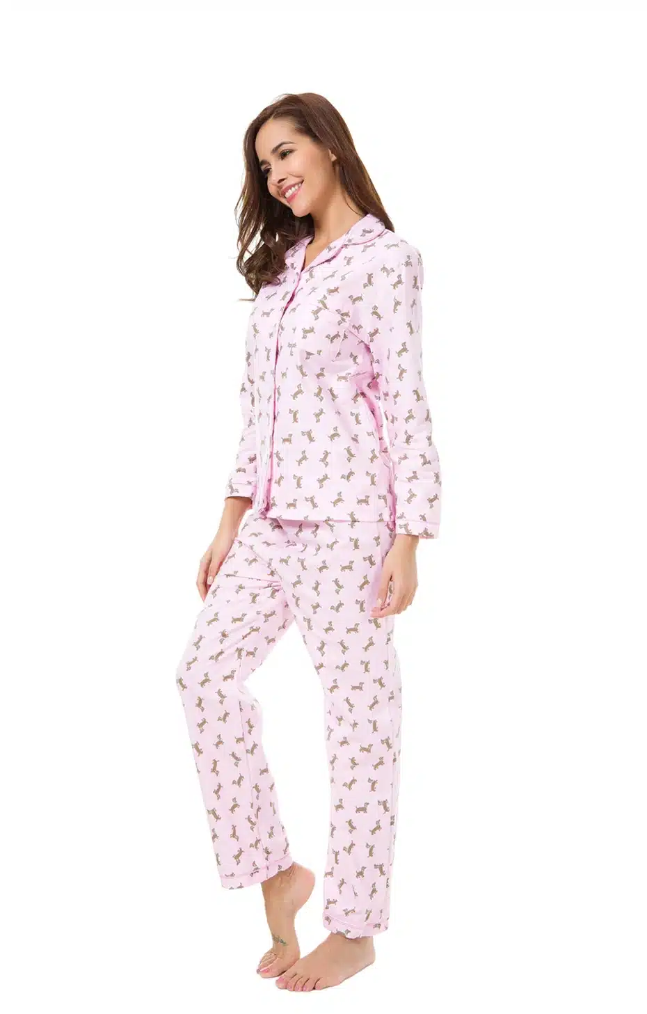 2018 Pink Pajama Sets Women Cute Dachshund Print 2 Pieces Set Long Sleeve Top Elastic Waist Pants Brushed Cotton pyjamas S7N002 17
