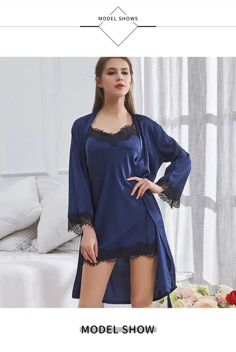 Pajamas Robe 2018 Hot Winter Sexy Lace Nightgowns Women Bathrobe Set Nighties Dress Long Sleeve Blouse Female Sleepwear Pijama 22