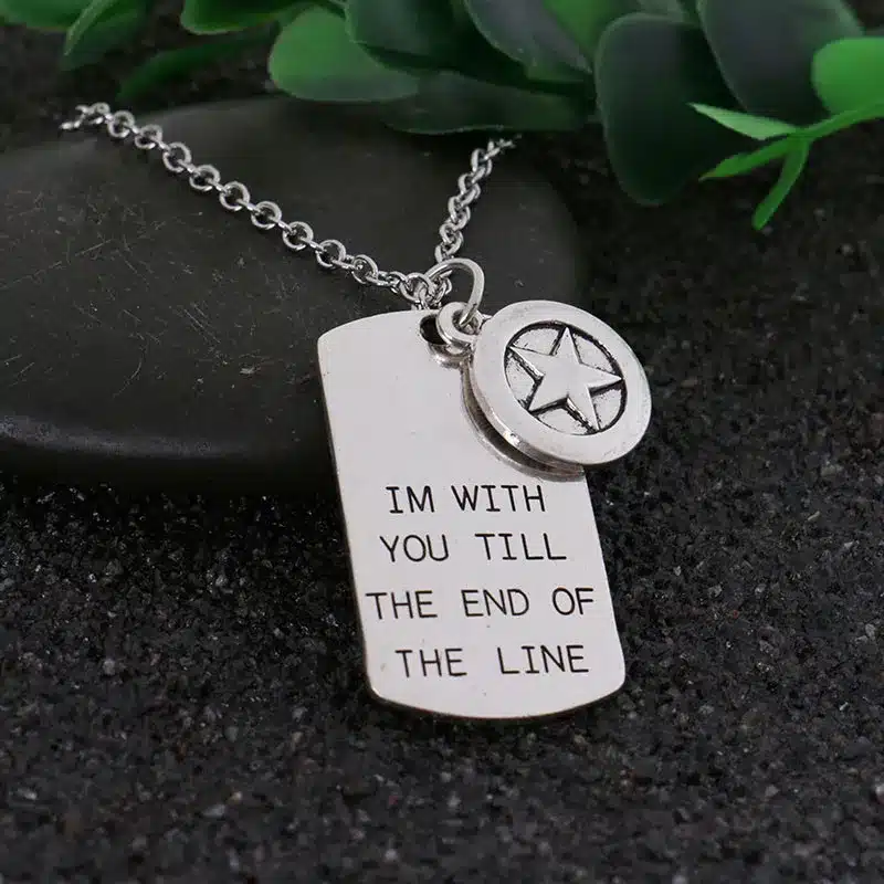 The Avengers Captain America Necklace,"I'M with you till the end of the Line"Hand Stamped Lovers Necklace with Shield Logo 1