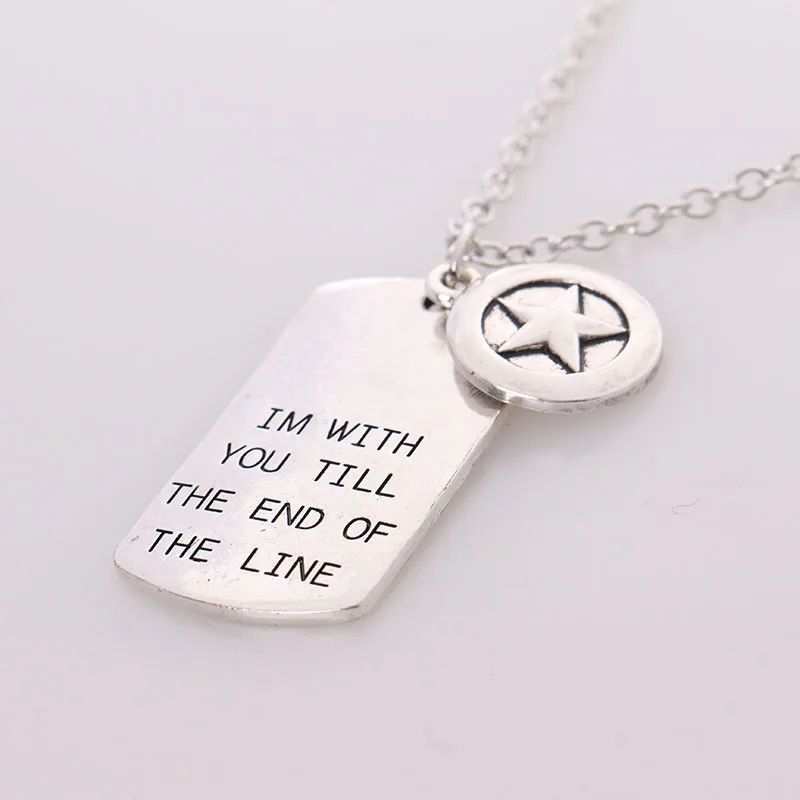 The Avengers Captain America Necklace,"I'M with you till the end of the Line"Hand Stamped Lovers Necklace with Shield Logo 2