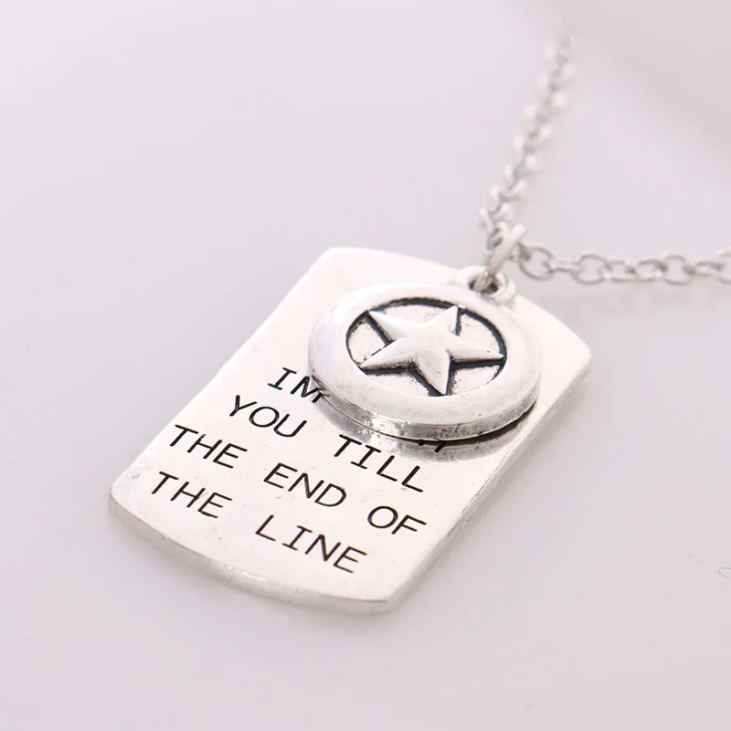 The Avengers Captain America Necklace,"I'M with you till the end of the Line"Hand Stamped Lovers Necklace with Shield Logo 3