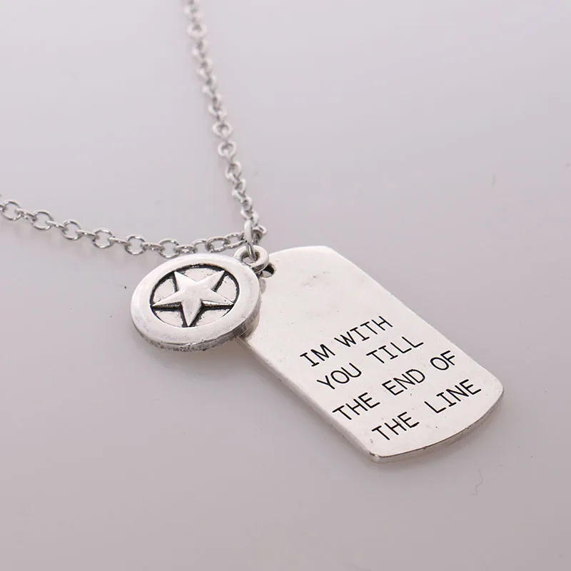 The Avengers Captain America Necklace,"I'M with you till the end of the Line"Hand Stamped Lovers Necklace with Shield Logo 5