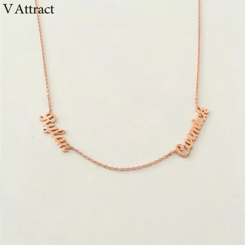 V Attract Best Friends Personalized Two Name Necklace Couples Lovers Jewelry Stainless Steel Colar Custom Family Choker 25