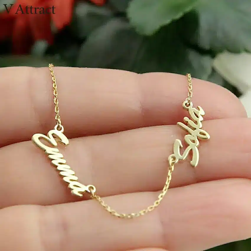 V Attract Best Friends Personalized Two Name Necklace Couples Lovers Jewelry Stainless Steel Colar Custom Family Choker 26
