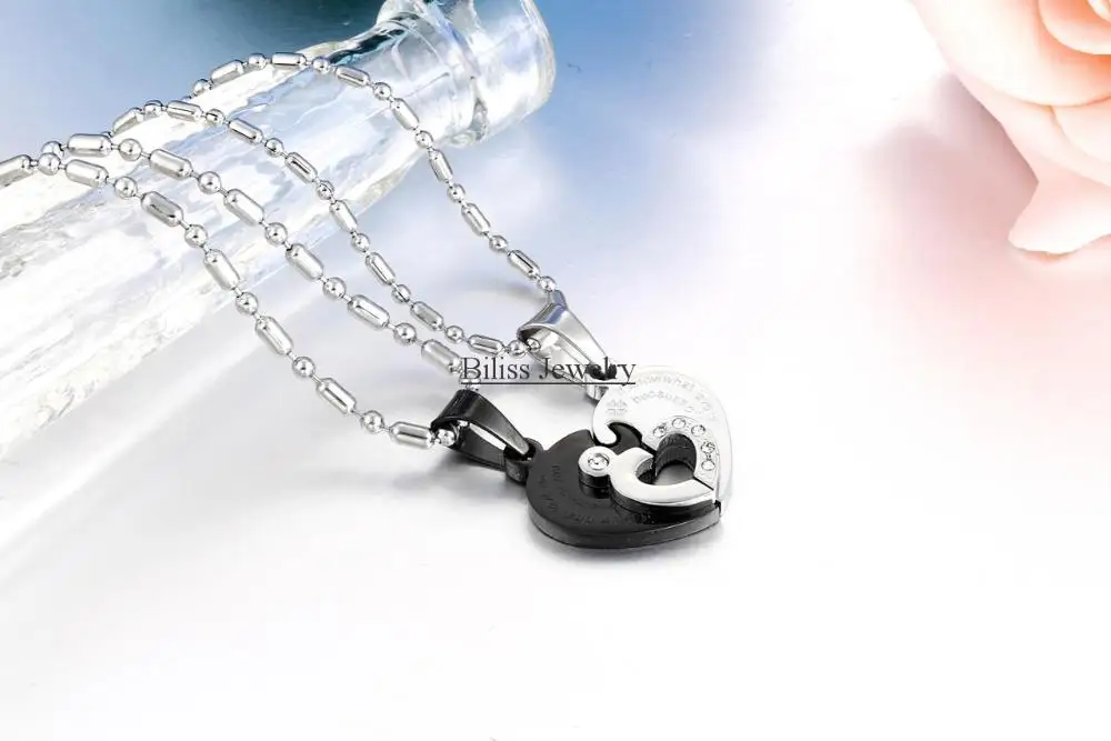 1 pair Black/Sivler 316L Stainless Steel Two Half Heart Necklaces For Couples Lover Heart Pendant Set Christmas Gift 11