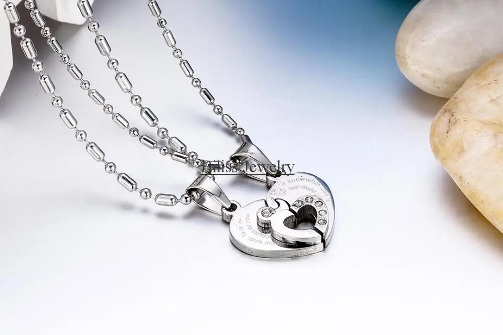 1 pair Black/Sivler 316L Stainless Steel Two Half Heart Necklaces For Couples Lover Heart Pendant Set Christmas Gift 13
