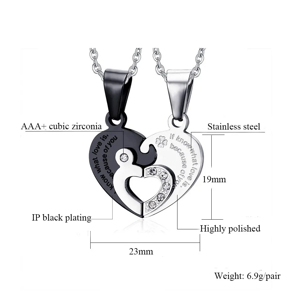2 Piecces! Couple Necklace Gold Blue Black Plated Titanium Heart Pendant Stainless Steel Chain Lover Necklace for Women and Men 1