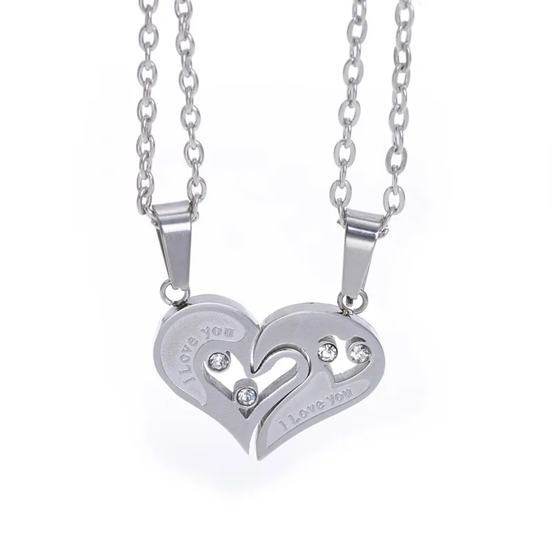 2pcs Heart-shape "I Love You" Stainless Steel Couple Lovers Half Heart Pendant Necklace Puzzle pendant necklace(One Pair) 23