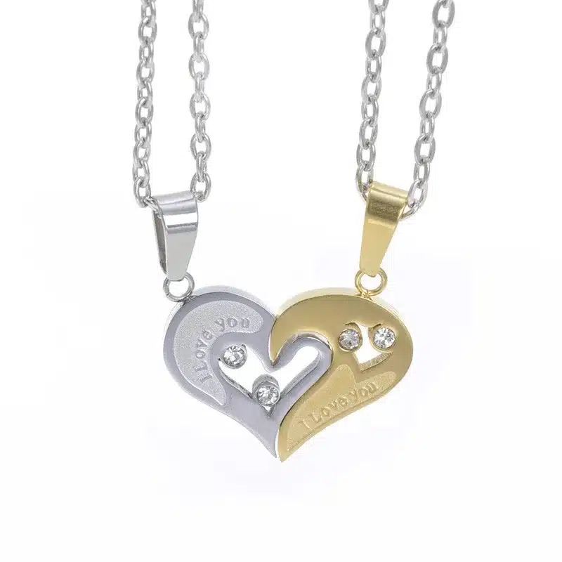 2pcs Heart-shape "I Love You" Stainless Steel Couple Lovers Half Heart Pendant Necklace Puzzle pendant necklace(One Pair) 24