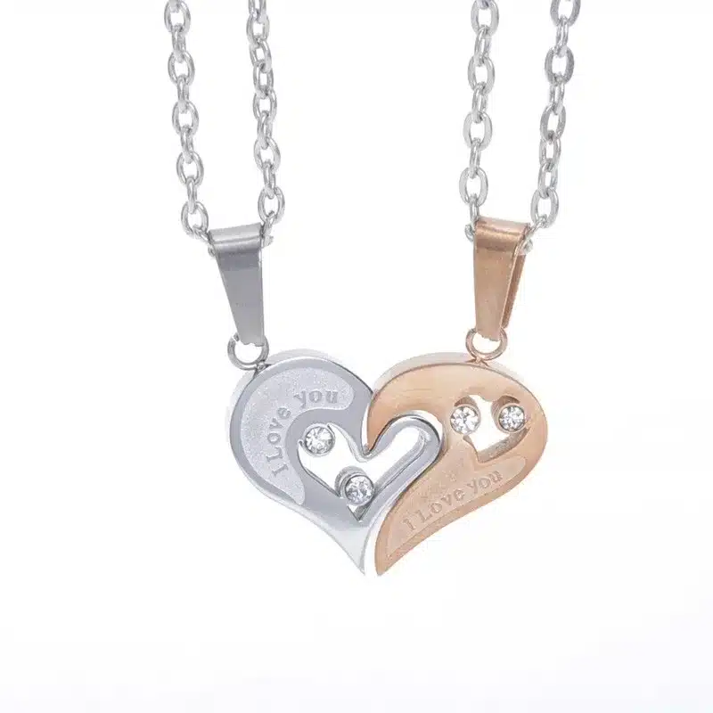 2pcs Heart-shape "I Love You" Stainless Steel Couple Lovers Half Heart Pendant Necklace Puzzle pendant necklace(One Pair) 25