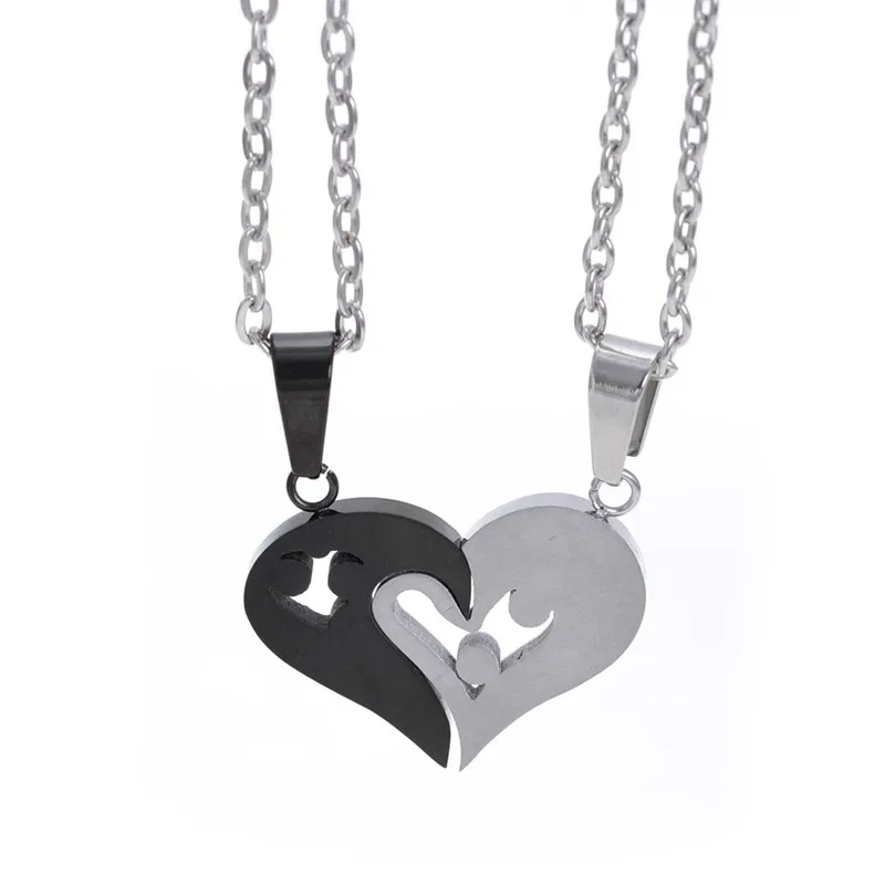 2pcs Heart-shape "I Love You" Stainless Steel Couple Lovers Half Heart Pendant Necklace Puzzle pendant necklace(One Pair) 28
