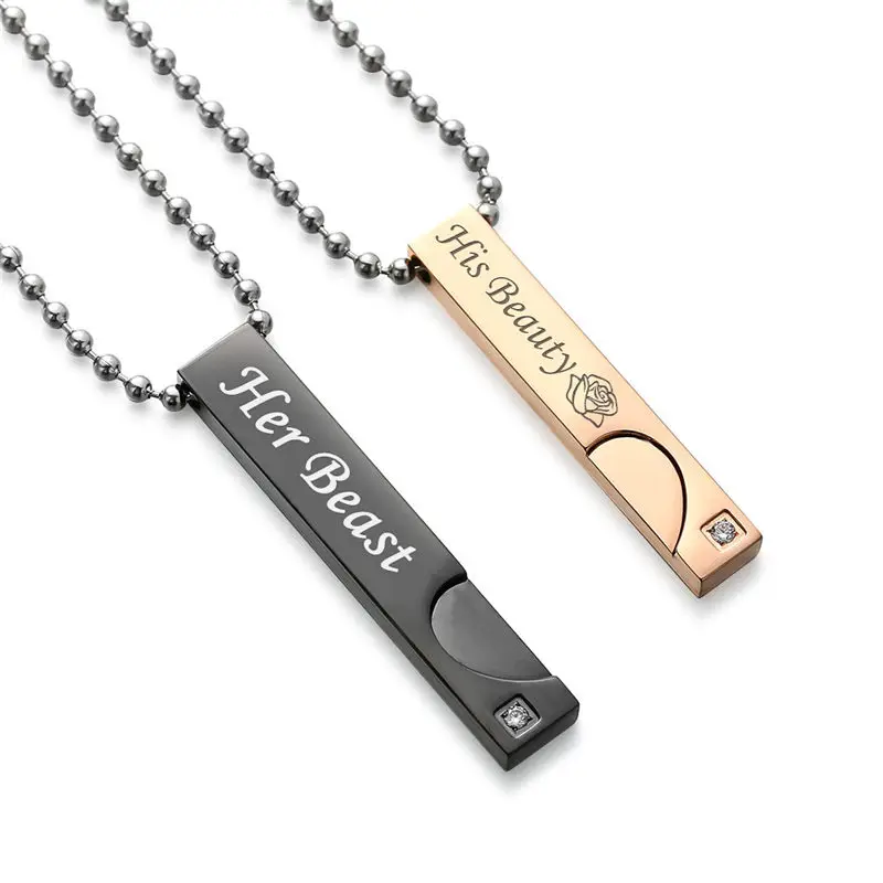 V.Ya "His Angel & Her Demon,Beauty & Beast,His King & His Queen"Love Heart Couple Necklaces Stainless Steel Women Gifts Dropship 24