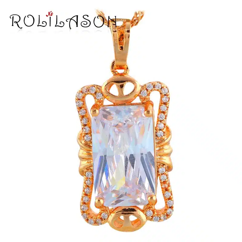ROLILASON New Designer Brand Romantic Pink Zircon Gold Tone Fashion Jewelry Pendant for Lover LNS637 9