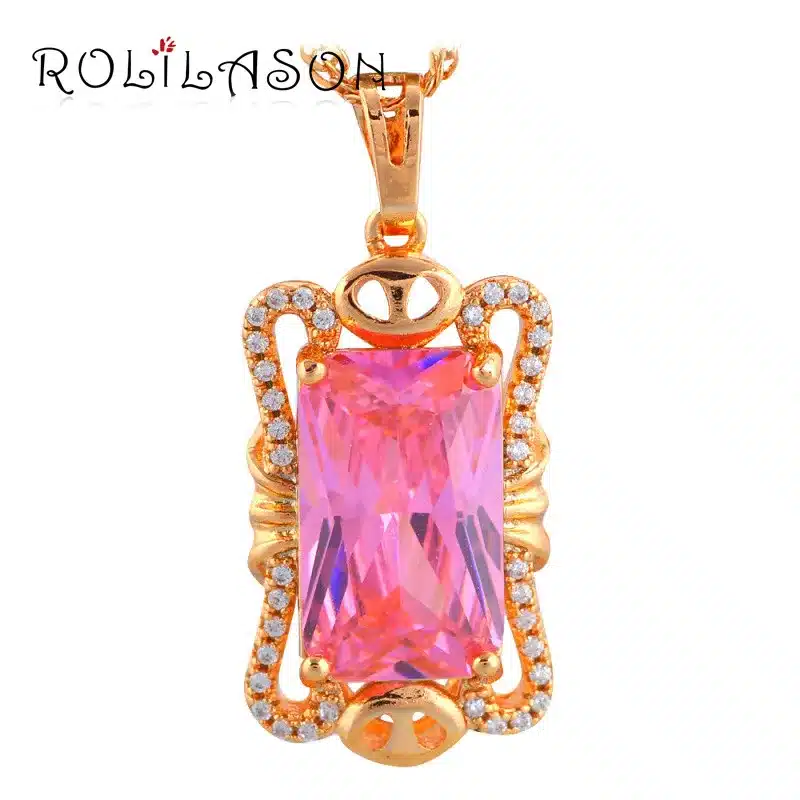 ROLILASON New Designer Brand Romantic Pink Zircon Gold Tone Fashion Jewelry Pendant for Lover LNS637 3