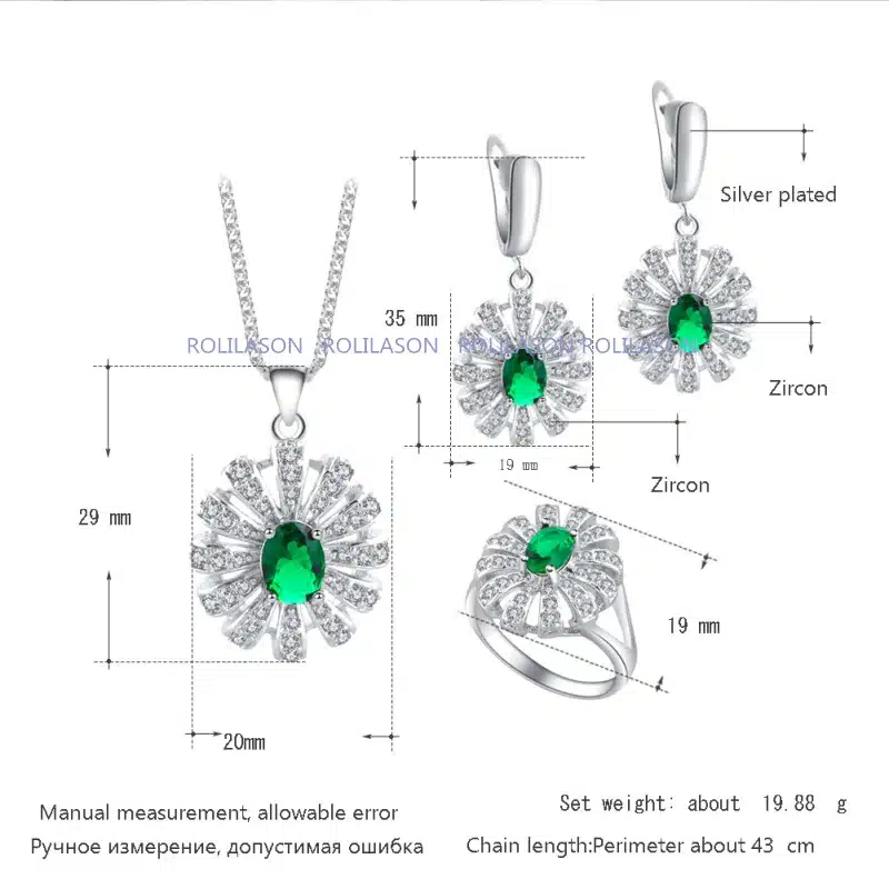 ROLILASON High Quality Green Peridot Silver Stamped Sets Earring /Necklace/Pendant/ Rings Fashion Jewelry for Lover JS685 4
