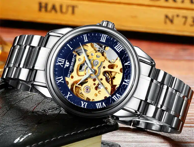 FNGEEN Automatic Mechanical Watches Fashion Men Wristwatch Between The Gold Clock Stainless Steel Men's Wrist Watch Box Relogio 9