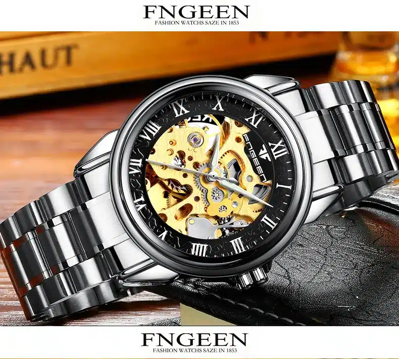 FNGEEN Automatic Mechanical Watches Fashion Men Wristwatch Between The Gold Clock Stainless Steel Men's Wrist Watch Box Relogio 10