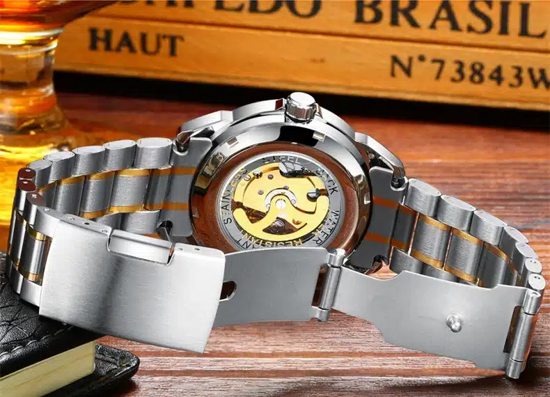 FNGEEN Automatic Mechanical Watches Fashion Men Wristwatch Between The Gold Clock Stainless Steel Men's Wrist Watch Box Relogio 12