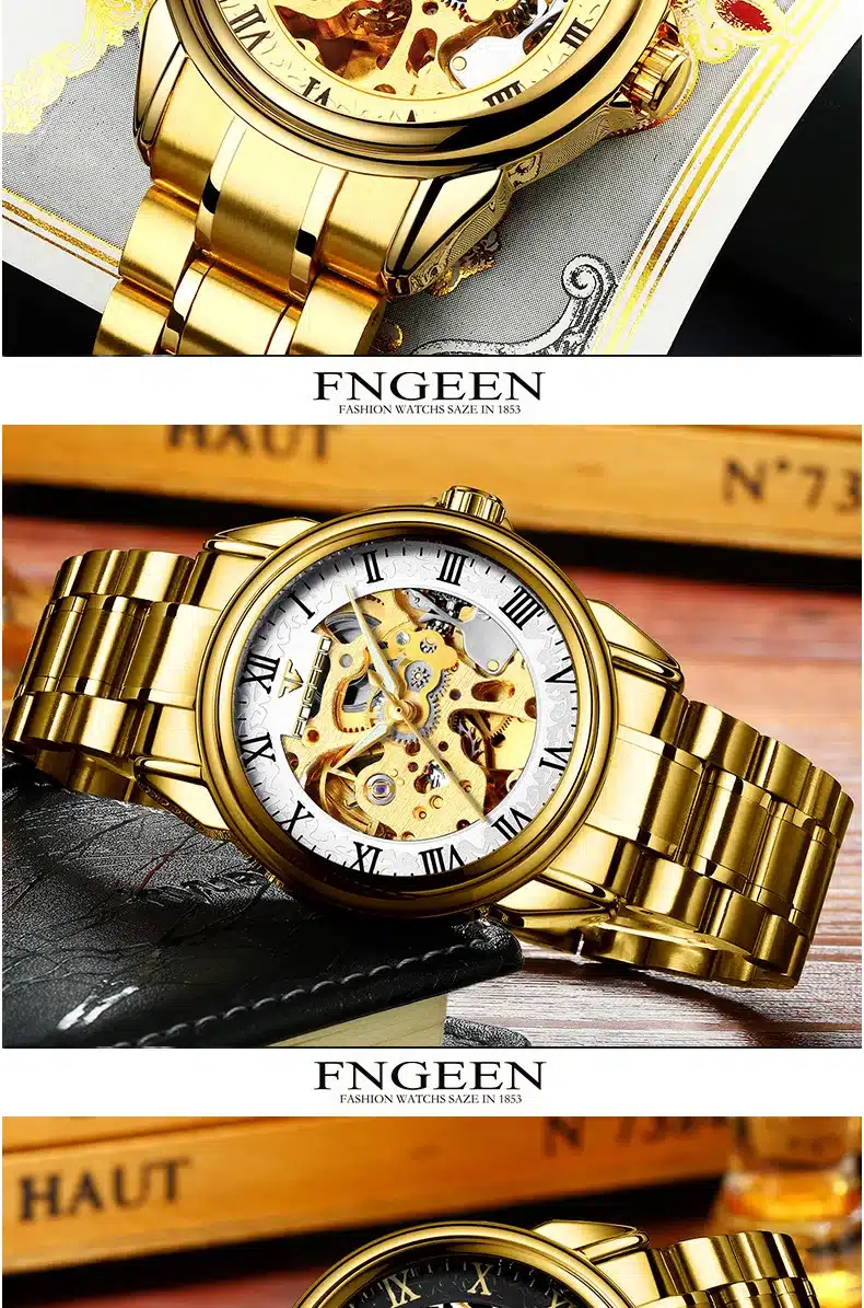 FNGEEN Automatic Mechanical Watches Fashion Men Wristwatch Between The Gold Clock Stainless Steel Men's Wrist Watch Box Relogio 18