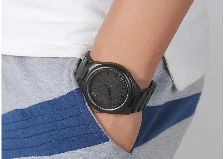 BOBO BIRD Mens Black Ebony Wooden Watches Wood Links Causal Quartz Wrist Watch in Gift Box custom logo 3