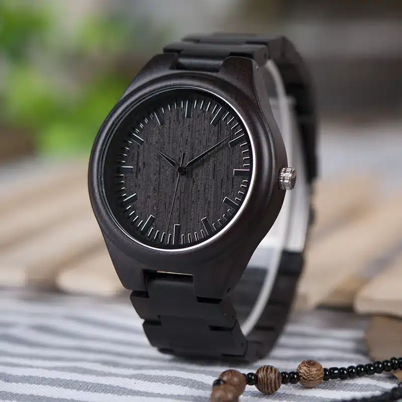 BOBO BIRD Mens Black Ebony Wooden Watches Wood Links Causal Quartz Wrist Watch in Gift Box custom logo 6