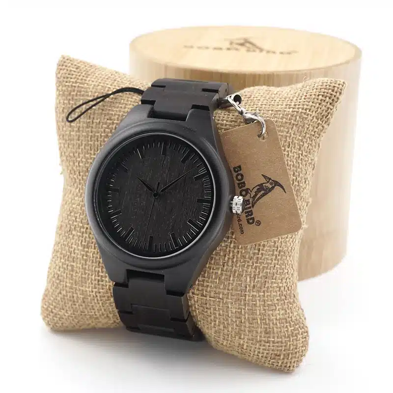 BOBO BIRD Mens Black Ebony Wooden Watches Wood Links Causal Quartz Wrist Watch in Gift Box custom logo 10